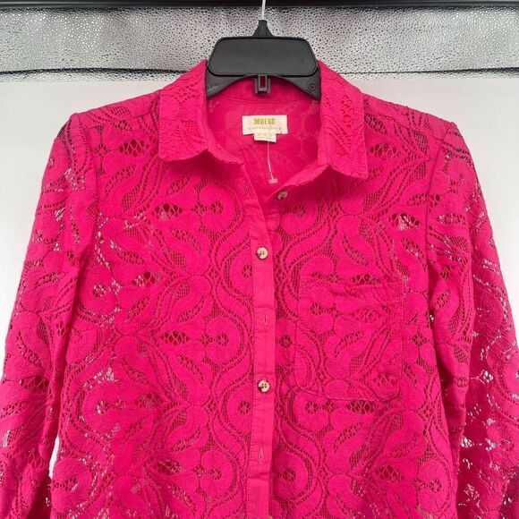 Maeve By Anthropologie Women’s Pink Open Lace Slim Button Down Blouse Top Size 4 - Picture 4 of 15